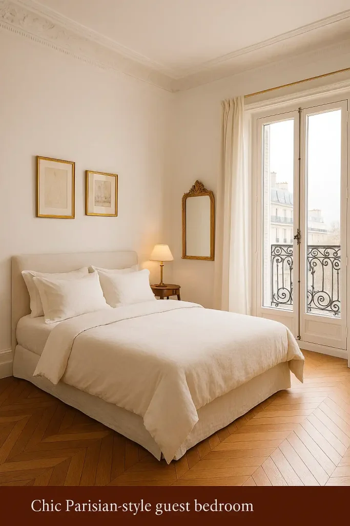 Chic Parisian-style guest bedroom with ornate crown molding, chevron hardwood floors, white walls with gold-framed art, a wrought-iron balcony door, French linen bedding, and a vintage gold mirror leaning against the wall