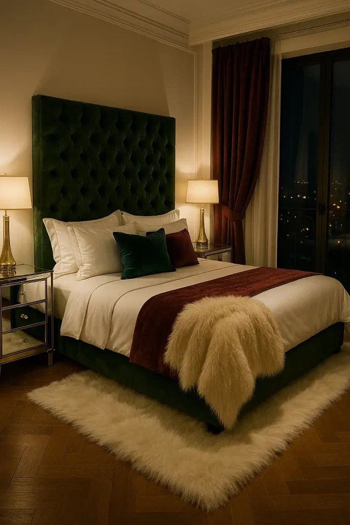Luxurious guest bedroom with mirrored furniture, tufted velvet headboard in blush or emerald, gold accents, a faux fur rug, jewel-toned throw pillows, and dramatic curtains framing a window with city lights outside