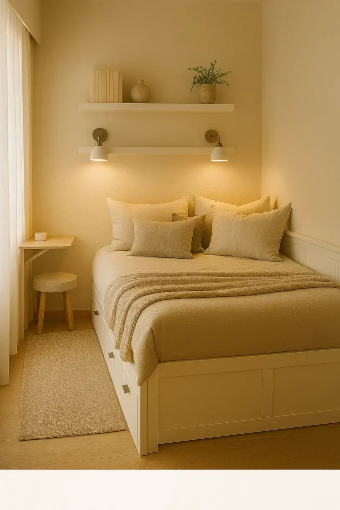 Compact and functional guest nook within a studio apartment, featuring a daybed with storage drawers, cozy bedding, wall-mounted reading lights, a small fold-out desk, floating shelves with decor, and soft neutral tones for a spacious feel