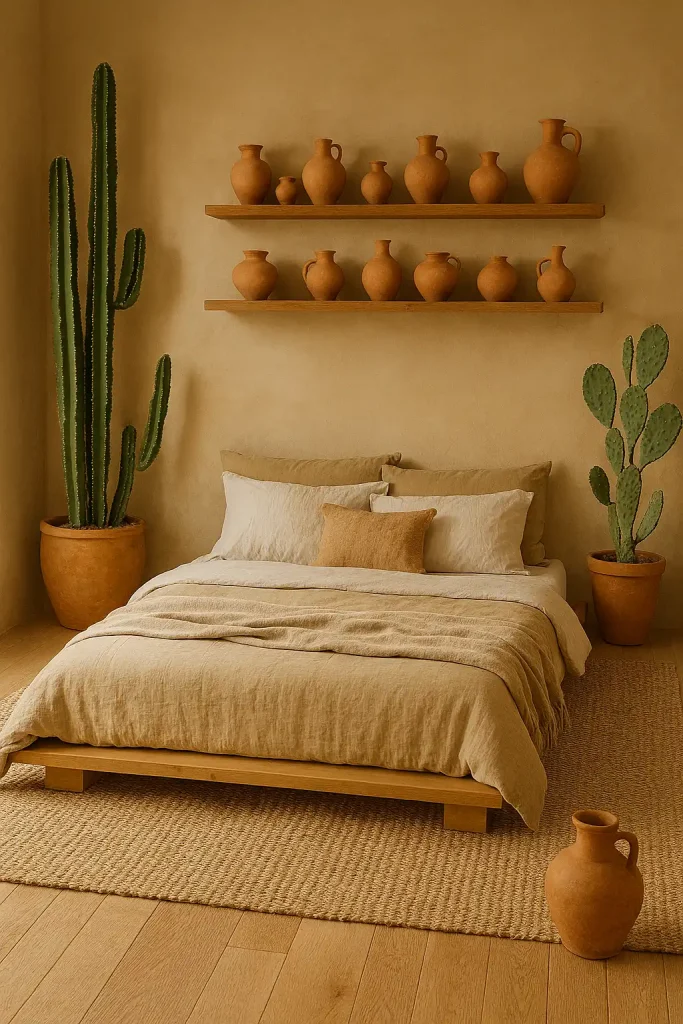 Desert-inspired guest bedroom with a low wood platform bed, sand-colored walls, terracotta pottery on floating shelves, cactus plants, linen bedding in soft earth tones, and woven jute accents throughout