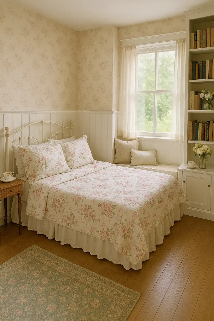 Quaint guest bedroom with floral bedding, white-painted wood paneling, vintage side tables with teacups, a window seat with cozy cushions, soft wallpaper, and a bookshelf filled with classics and fresh flowers in a jar