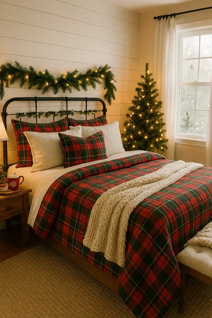 Festive guest bedroom decorated for the holidays with red and green plaid bedding, garland draped over the headboard, twinkle lights, a small Christmas tree in the corner, cozy knits, and a hot cocoa tray on the nightstand