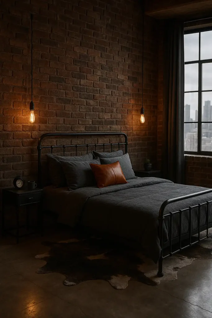 Edgy industrial-style guest room with exposed brick walls, a metal-framed bed, gray and leather accents, Edison bulb lighting, concrete flooring with a cowhide rug, and tall windows with city views