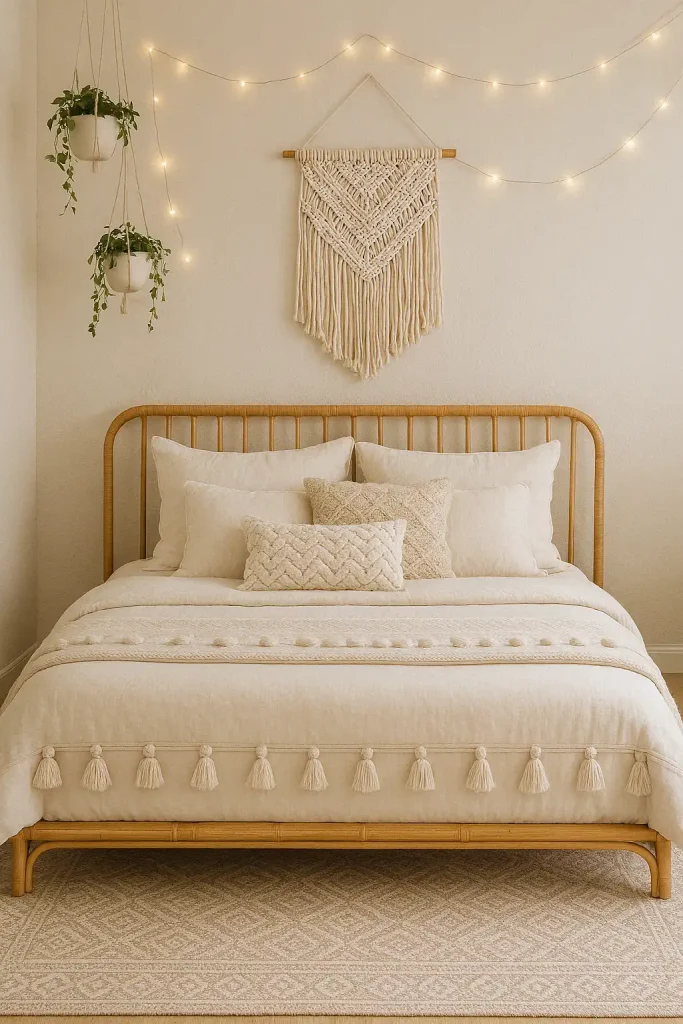 Boho-style guest bedroom with a low-profile rattan bed, neutral bedding with textured pillows and tassels, a patterned area rug, macrame wall art, hanging plants in ceramic pots, string fairy lights, and a relaxed, cozy ambiance