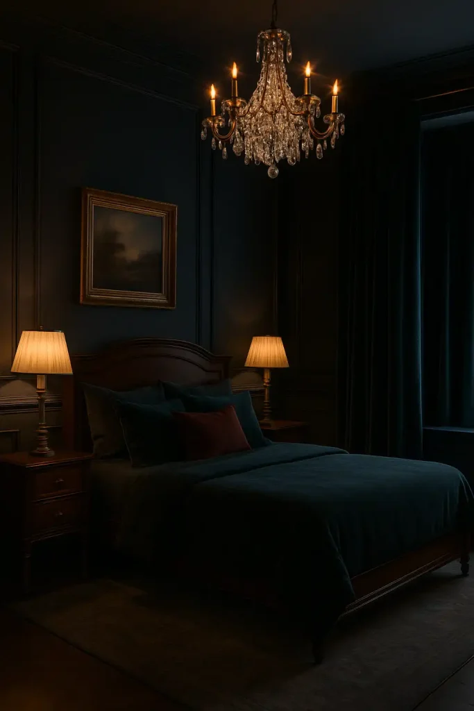 Dramatic and moody guest bedroom with deep navy or charcoal walls, velvet blackout curtains, rich wood furniture, gold-framed art, layered lighting including a vintage chandelier, and luxurious bedding in dark jewel tones