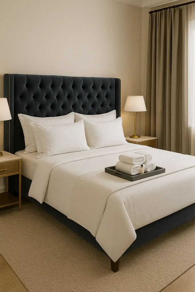 Elegant guest bedroom with a tufted velvet headboard, crisp white sheets and fluffy pillows, gold-accented bedside lamps, a neutral palette with navy and gold accents, blackout curtains, and a small welcome tray with towels and toiletries on the bed