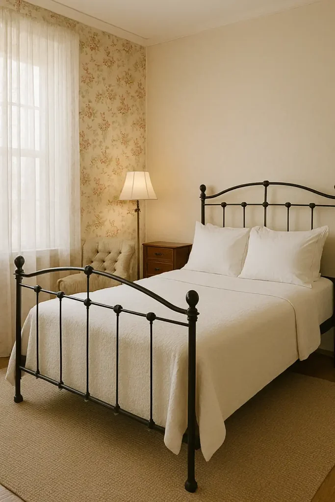 Charming vintage-style guest bedroom with a wrought iron bed frame, floral wallpaper on one accent wall, antique wooden dresser, lace curtains, and a cozy reading nook with a tufted armchair and classic floor lamp
