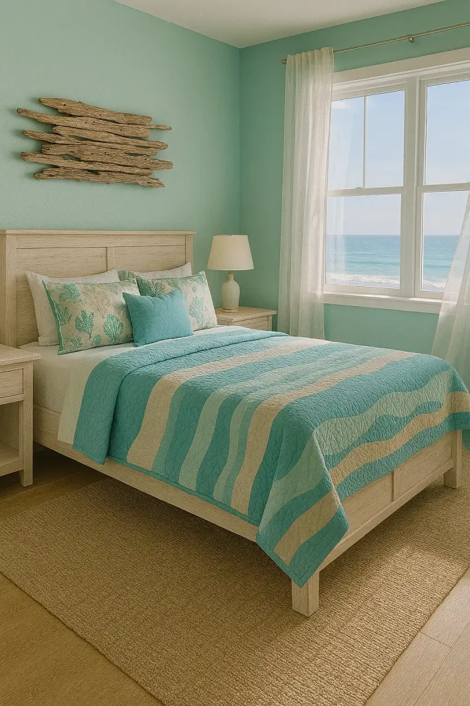 Beach-themed guest bedroom with seafoam green walls, whitewashed wood furniture, ocean-inspired bedding in turquoise and sand tones, driftwood wall art, and a window view of the sea with sheer curtains blowing in the breeze