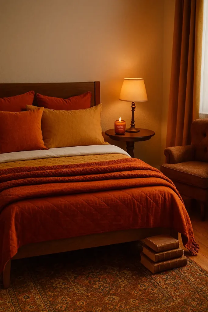 Inviting guest bedroom with warm autumn tones — burnt orange, mustard yellow, and deep brown — layered blankets, pumpkin-scented candles on a side table, vintage books stacked by the bed, and soft lighting creating a cozy seasonal feel