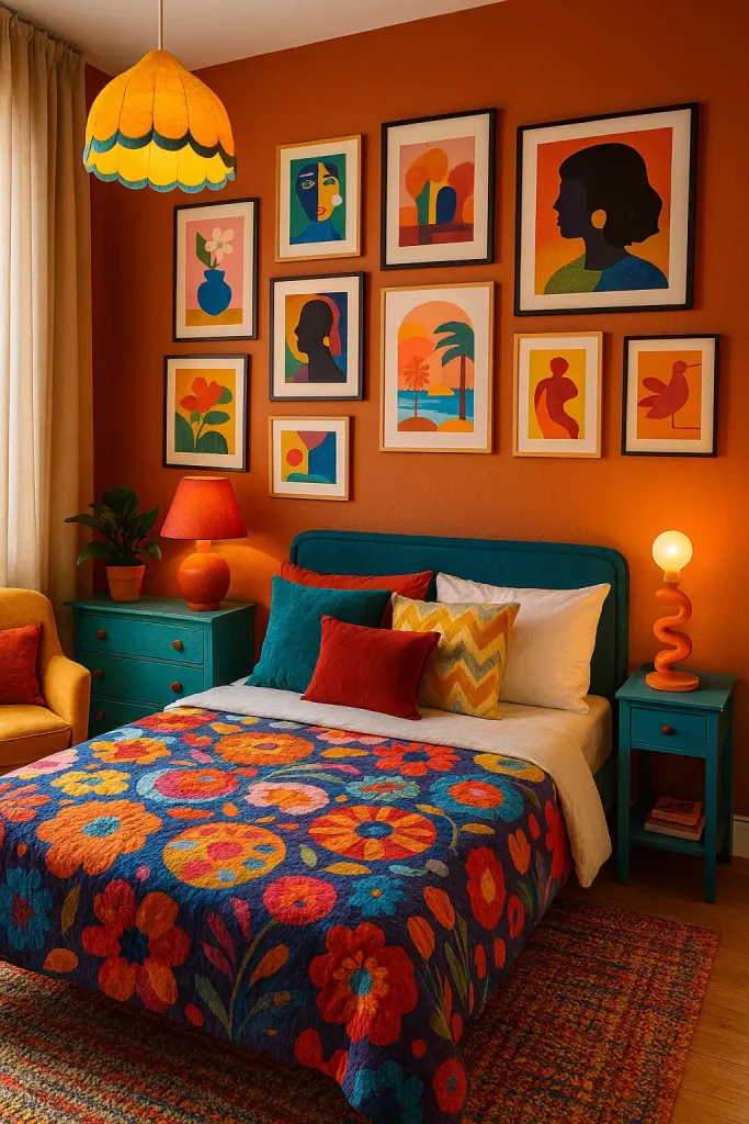 Bold and colorful guest bedroom with mismatched furniture, a gallery wall of art prints, quirky lighting fixtures, patterned bedding, and layers of textures and colors, creating a lively, welcoming environment for creative guests