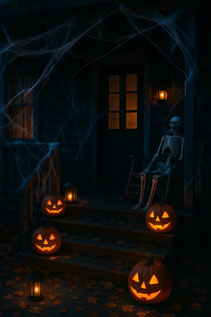 A spooky front porch decorated for Halloween at twilight, glowing jack-o'-lanterns on the steps, fake cobwebs hanging from the roof, a skeleton sitting in a rocking chair, flickering lanterns, autumn leaves scattered on the ground, eerie blue lighting.