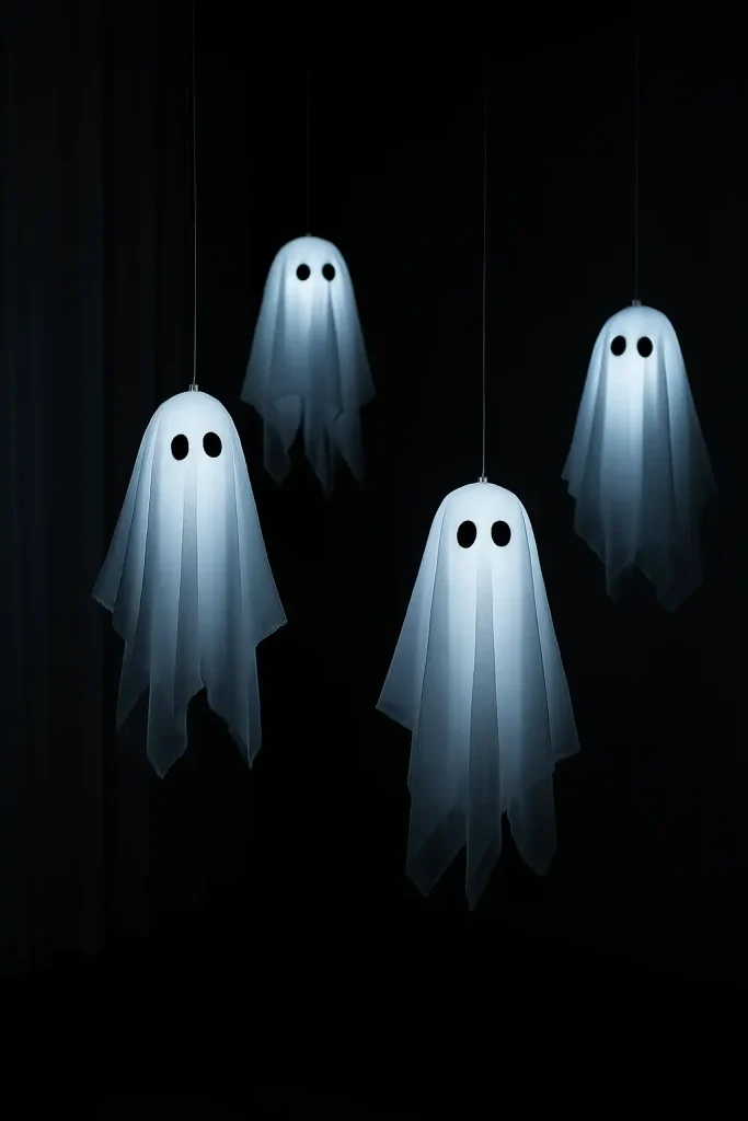 DIY floating ghosts made with white fabric and LED lights underneath, hovering in a dark room, spooky but fun atmosphere, perfect for Halloween party.
