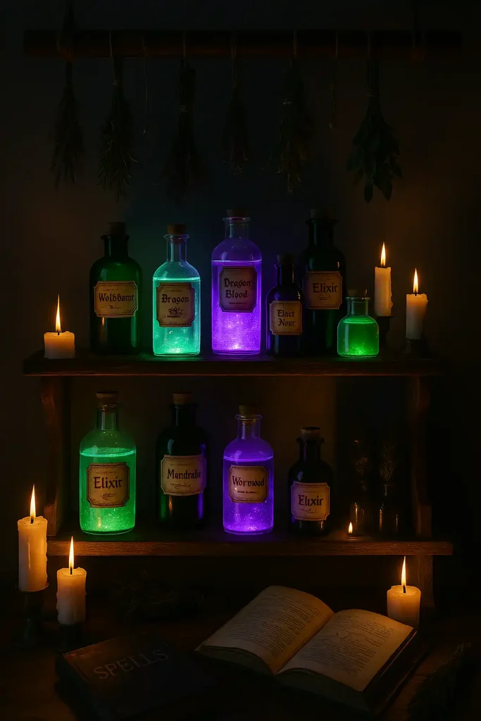A witch-themed potion shelf setup, labeled glass bottles with glowing liquids, dried herbs hanging from a wooden beam, spellbook open on a table below, candles flickering, magical vibe.