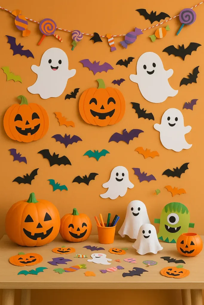 Bright and cheerful Halloween decorations for kids, cartoonish pumpkins, smiling ghosts, candy-themed garlands, fun crafts on a table, colorful paper bats on the walls.