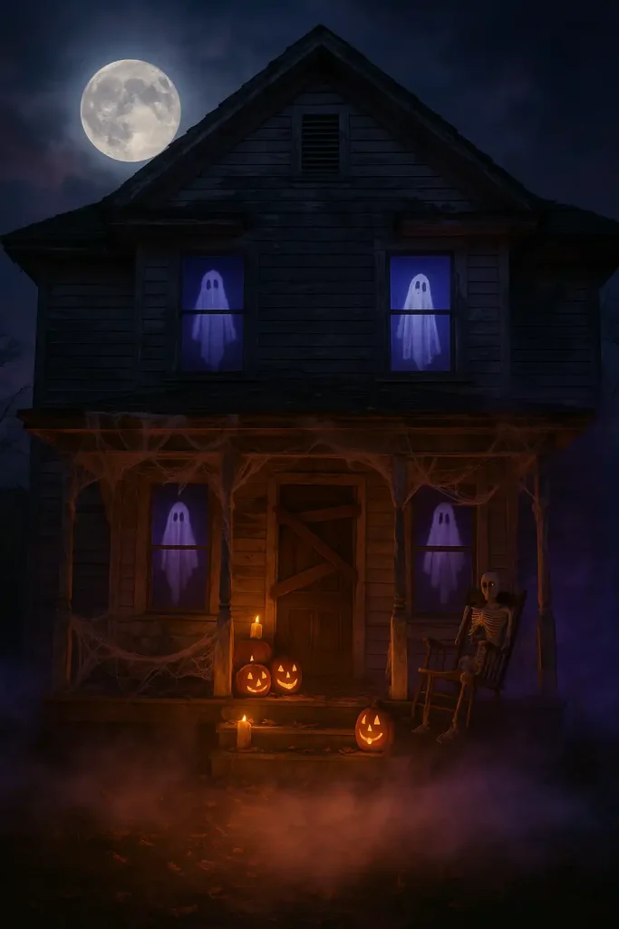 An old abandoned house with boarded windows, lit jack-o'-lanterns on the porch, ghostly silhouettes in the windows, fog rolling across the lawn, orange and purple glow lighting the scene, full moon above.