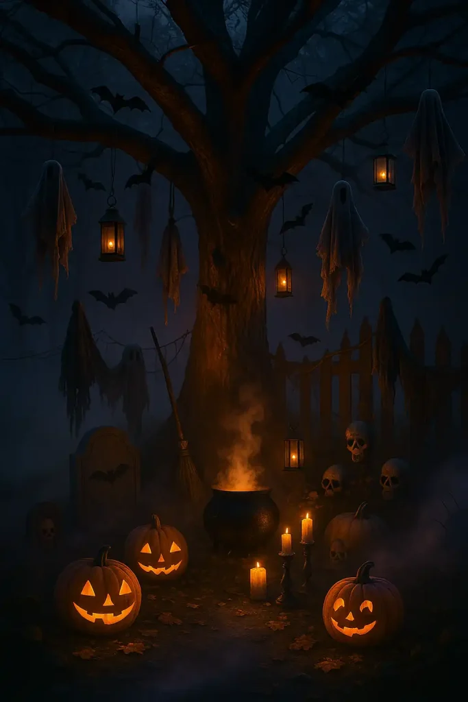 A large twisted tree decorated with hanging lanterns, fake bats, tattered cloth like ghosts floating from branches, pumpkins and skulls at the base, surrounded by eerie mist and backlighting.