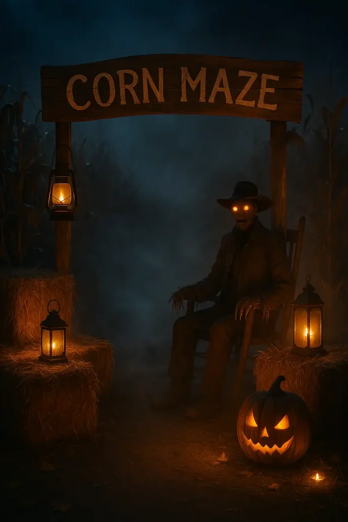 A Halloween corn maze entrance with rustic wooden sign, hay bales, flickering lanterns, creepy scarecrow with glowing eyes, fog creeping between the corn rows, haunted carnival vibe.