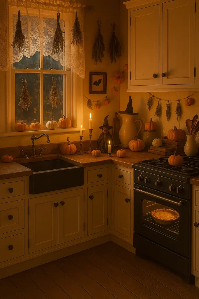 A cozy farmhouse kitchen with Halloween decor, pumpkin pie baking in the oven, bundles of dried herbs, tiny pumpkins on windowsills, lace curtains, soft warm lighting, vintage Halloween touches.