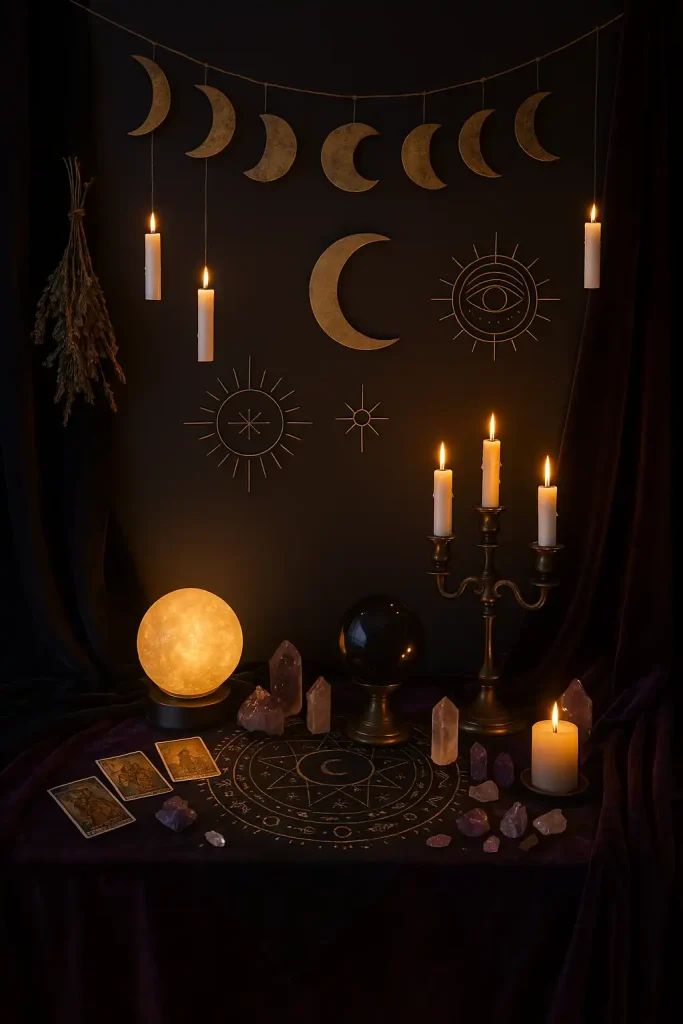 A boho witchy altar space decorated for Halloween, moon phase garland, tarot cards, crystals, floating candles, dark velvet fabrics, glowing orbs, celestial symbols on the wall.