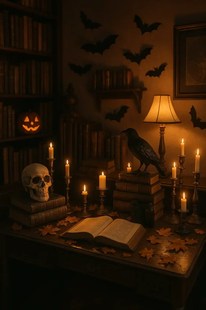 A vintage study room with dark academia Halloween decor, leather-bound books, antique desk, brass candlesticks, a skull on a stack of books, raven figurine, autumn leaves scattered on the desk.