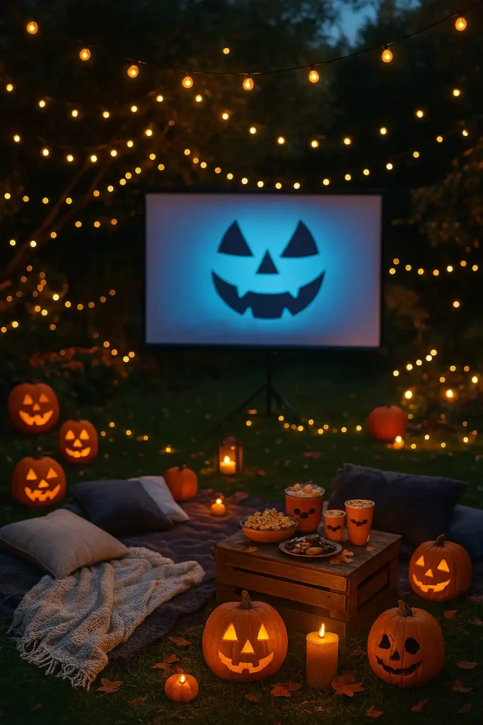 A Halloween-themed backyard movie night setup, projector and screen, cozy blankets and pillows on the grass, carved pumpkins lit up, string lights overhead, popcorn and themed snacks.