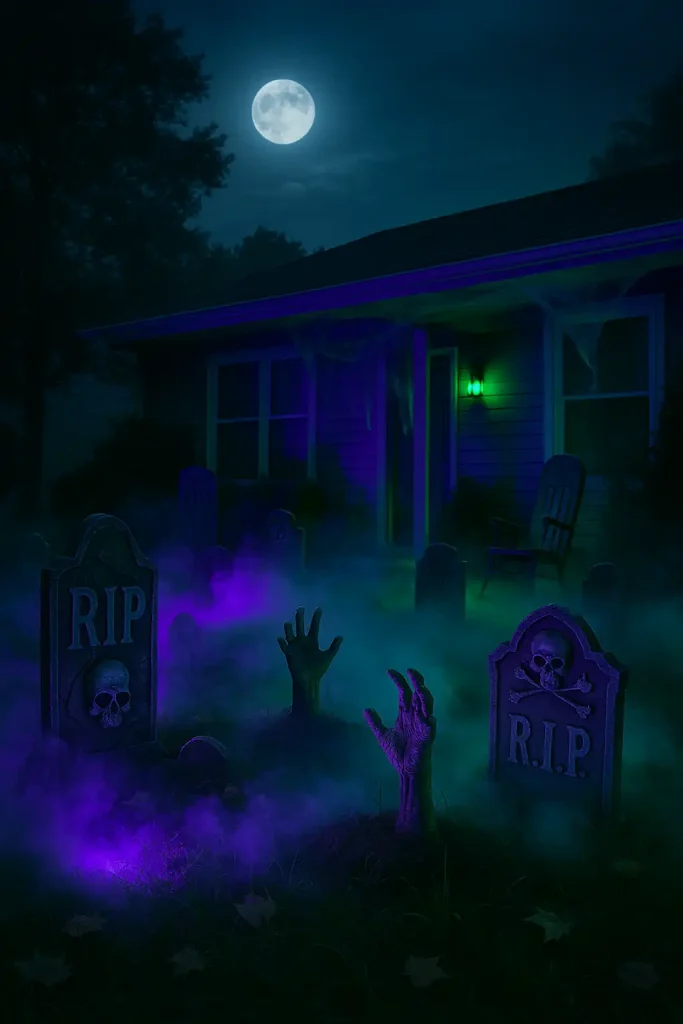 A suburban front yard transformed into a haunted graveyard, realistic tombstones, fog creeping across the grass, animatronic zombie hands rising from the dirt, LED lights in purples and greens, full moon in the background.