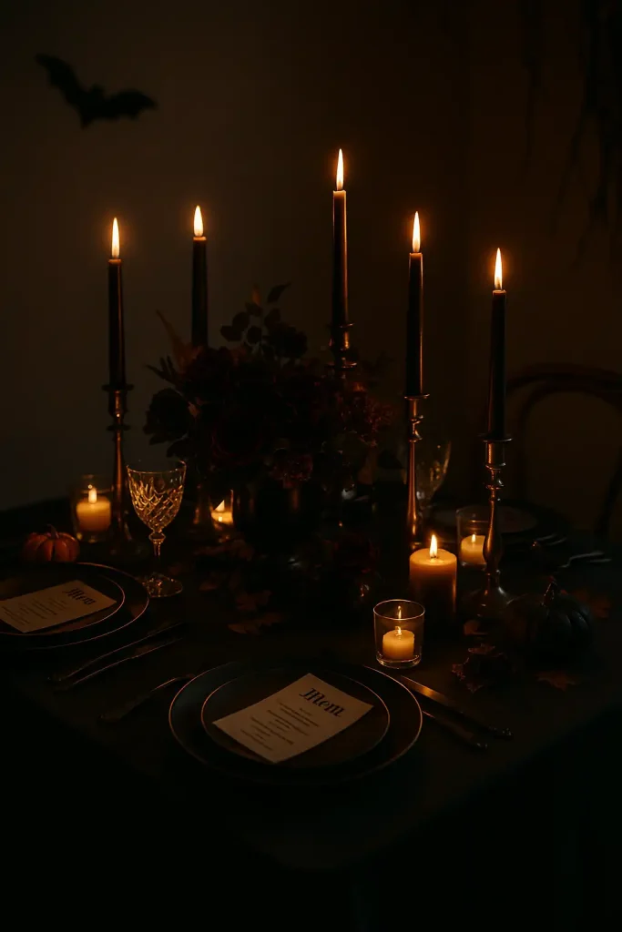 A moody Halloween dinner party tablescape, matte black plates, dark floral centerpiece, taper candles, crystal glassware, menu cards with gothic fonts, dim candlelight glow.