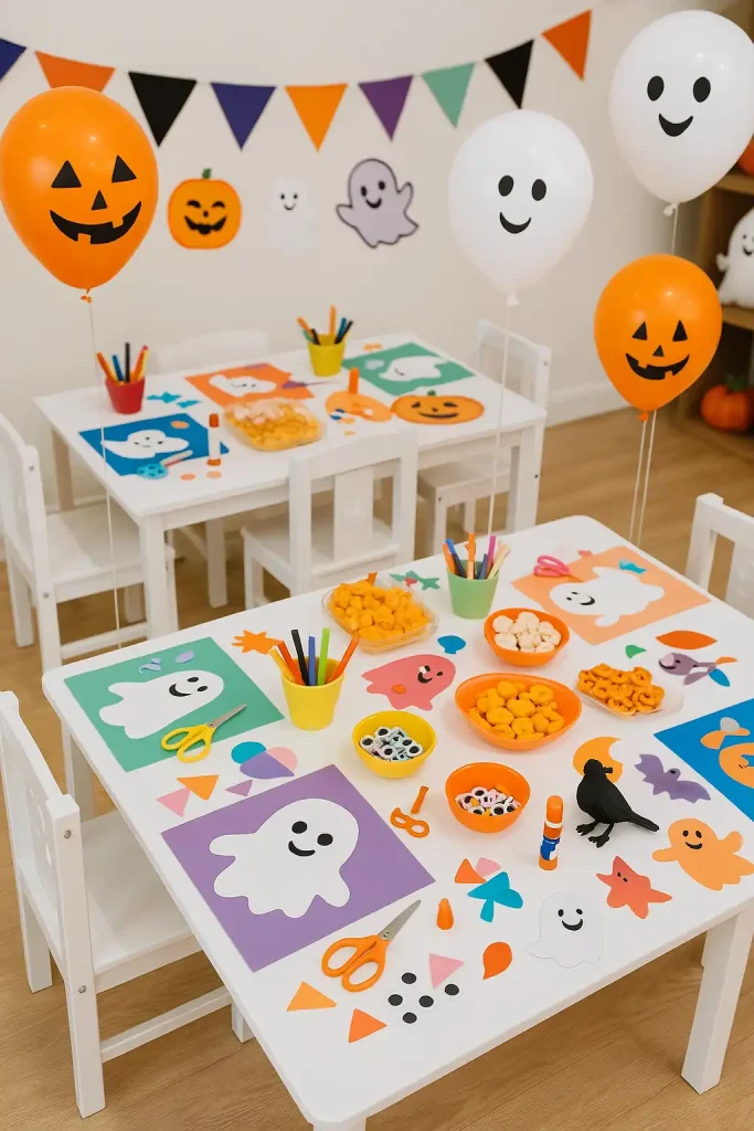 A vibrant setup for a kid-friendly Halloween craft party, mini stations with colorful supplies, googly eyes, paper ghosts, festive snacks, balloons shaped like pumpkins and ghosts.