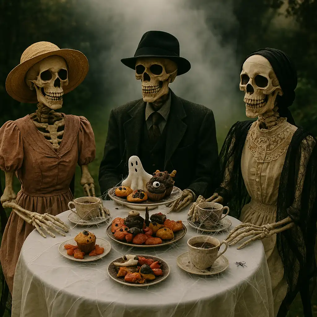 Three life-size skeletons dressed in vintage clothes sitting at a garden tea party, cobweb-covered teacups, spooky treats, fog machine in the background, playful and eerie vibe.