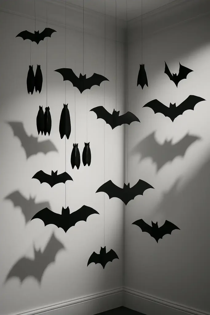 DIY hanging bat decor with black paper bats suspended from the ceiling in clusters, some mid-flight, some upside-down, minimalist white room with dramatic lighting shadows.