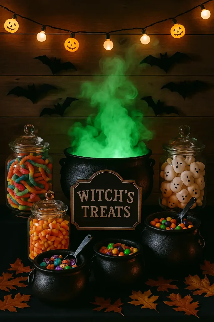 A Halloween candy cauldron station with bubbling green smoke, overflowing candy jars, cauldrons with scoops, spooky signage like ‘Witch’s Treats’, Halloween lights strung above.