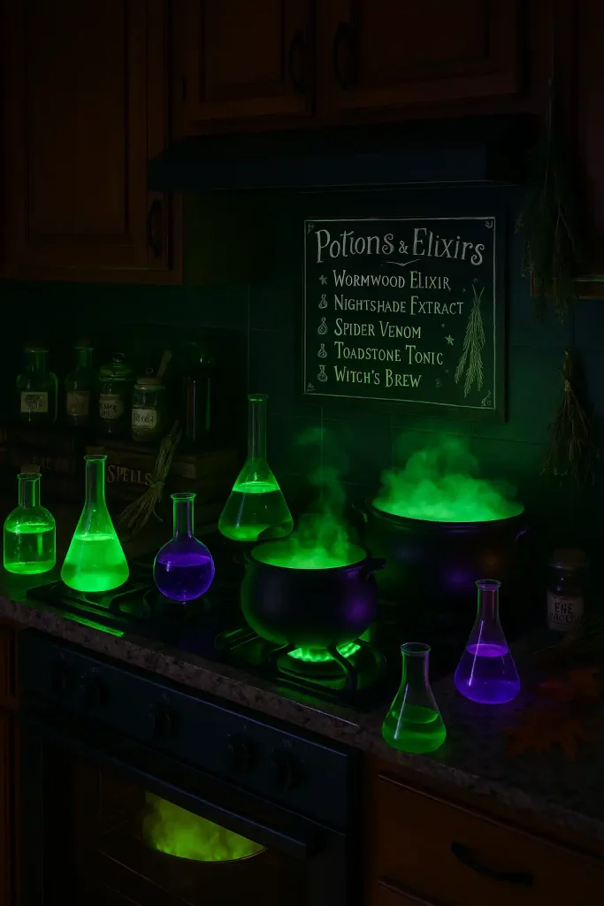 A kitchen transformed into a witch’s potion lab, glowing green and purple vials, beakers bubbling over the stove, chalkboard with spooky recipes, spell books, herbs and toads' eye jars.
