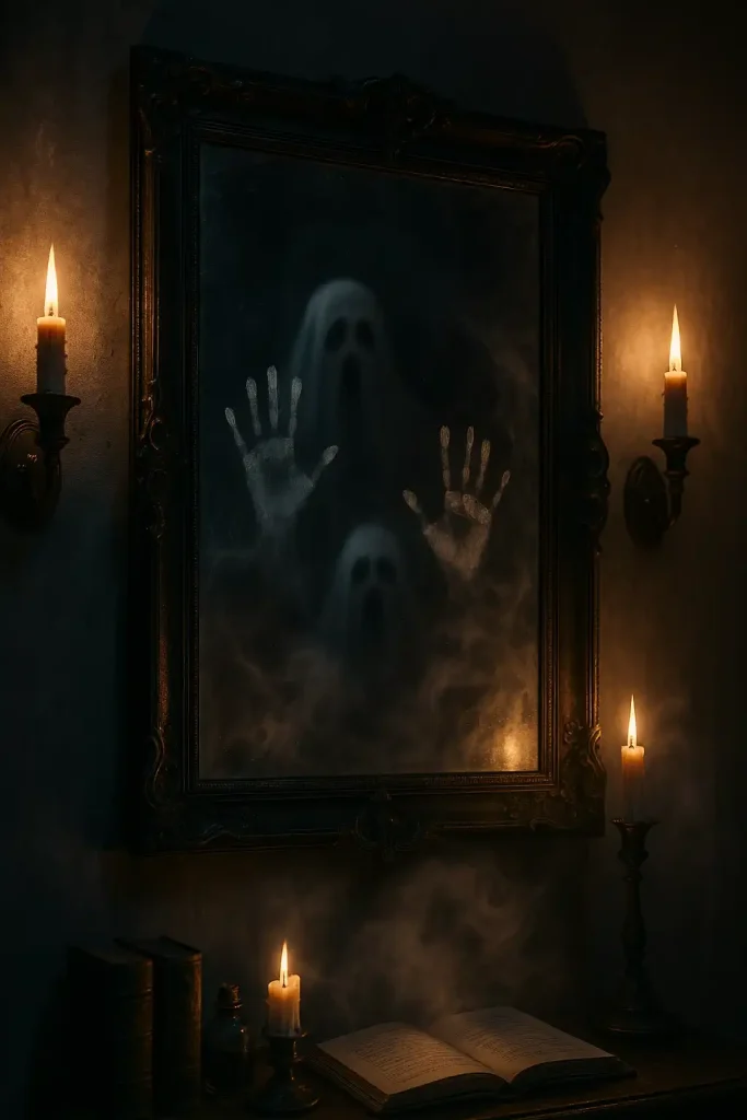 A haunted mirror effect with ghostly handprints, eerie reflection of a ghost behind the viewer, fog swirling around it, dimly lit hallway with flickering wall sconces.