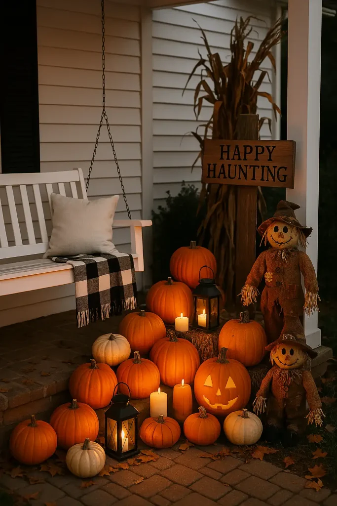 A farmhouse-style porch with a white wooden swing, surrounded by stacked pumpkins, buffalo check blankets, scarecrow, lanterns, and a ‘Happy Haunting’ wooden sign.