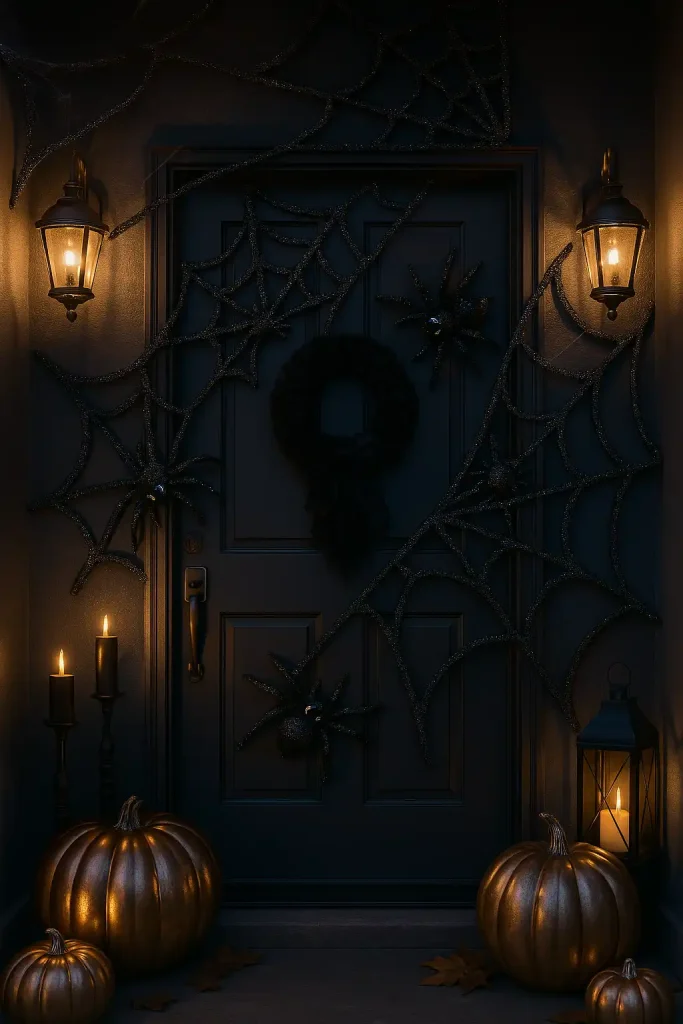 A chic front door decorated for Halloween with oversized glittery black spider webs, large faux spiders with gemstone eyes, metallic pumpkins on each side of the door, velvet black wreath with feathers, moody lighting with a hint of sparkle.