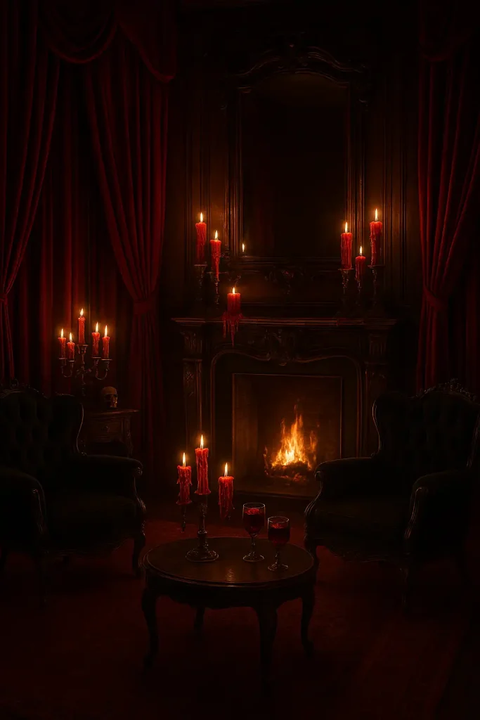 An opulent gothic parlor inspired by Dracula, deep red velvet curtains, dark wooden furniture, candlesticks dripping red wax, antique mirror with no reflection, plush black armchairs, blood-red wine goblets, ambient firelight glow.
