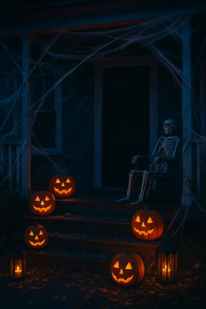 A mystical Halloween garden nook, with cauldrons bubbling with glowing mist, broomsticks propped near a fence, black cat statue, potion bottles on a wooden crate, twinkling fairy lights above.