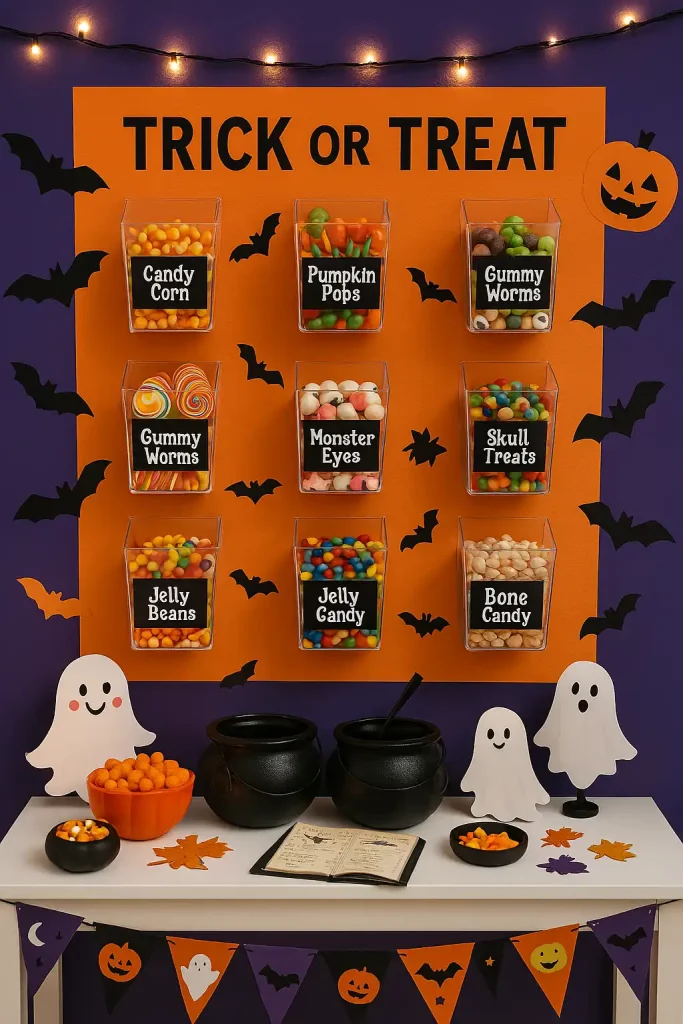A Halloween-themed DIY candy wall display, small bins of colorful candies labeled with spooky names, mini scoops, cauldrons at the bottom to collect treats, bat and pumpkin decals on the wall, festive backdrop in orange and purple.