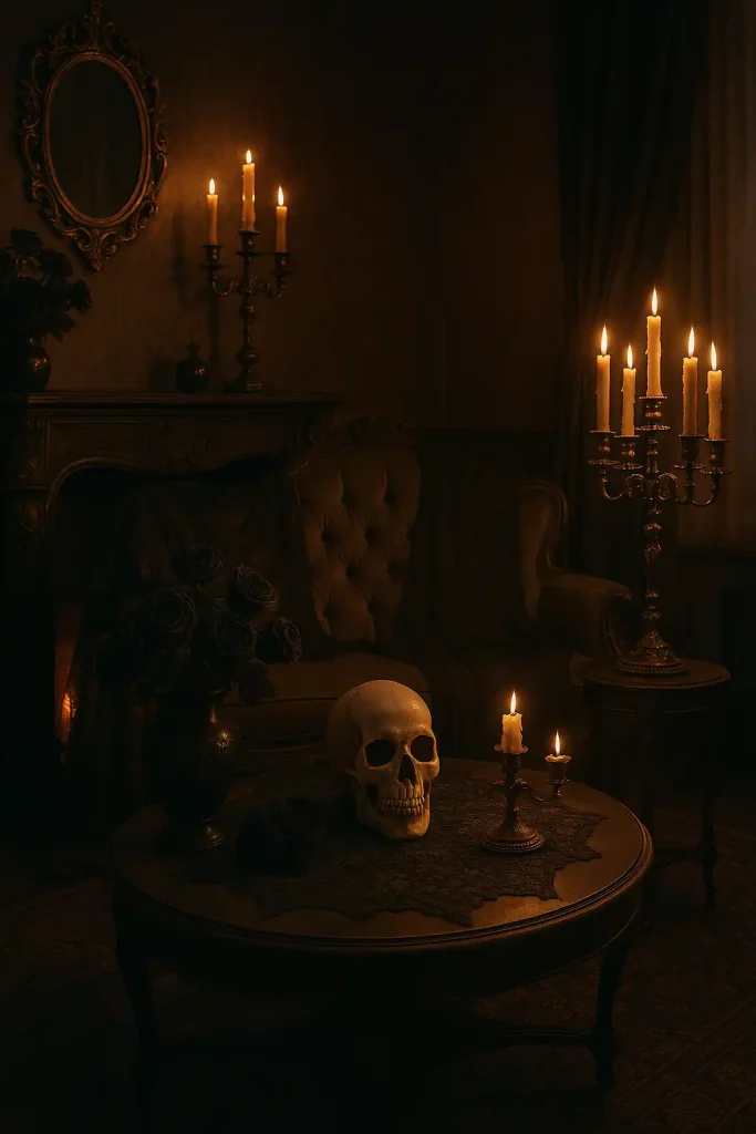 A Victorian-style living room decorated for Halloween, black lace draped over furniture, antique candelabras with dripping candles, dark roses in vases, skull centerpieces, moody ambient lighting.