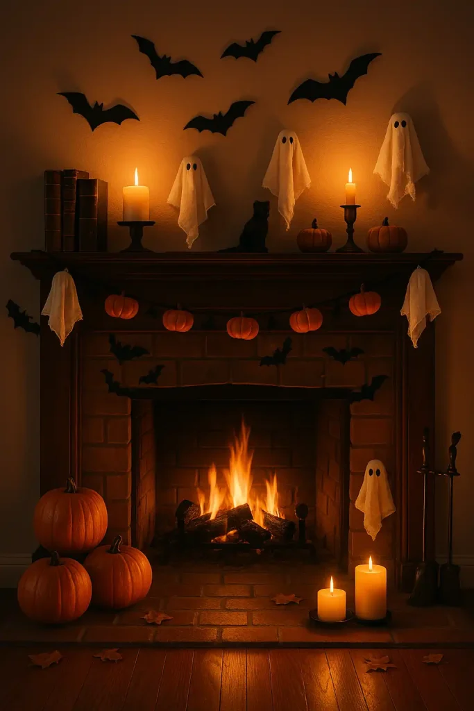 A cozy fireplace with Halloween-themed mantel decor, garland of miniature pumpkins, spell books stacked beside candles, bat silhouettes on the wall, small ghosts made of white fabric, warm orange glow from the fire.