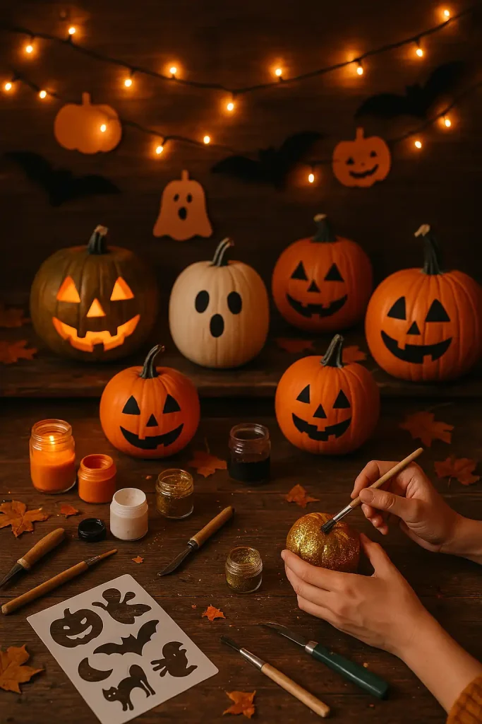 A rustic craft table filled with painted pumpkins, carving tools, glitter and paint scattered around, hands mid-decorating, Halloween stencils, string lights overhead, cozy autumn vibe.