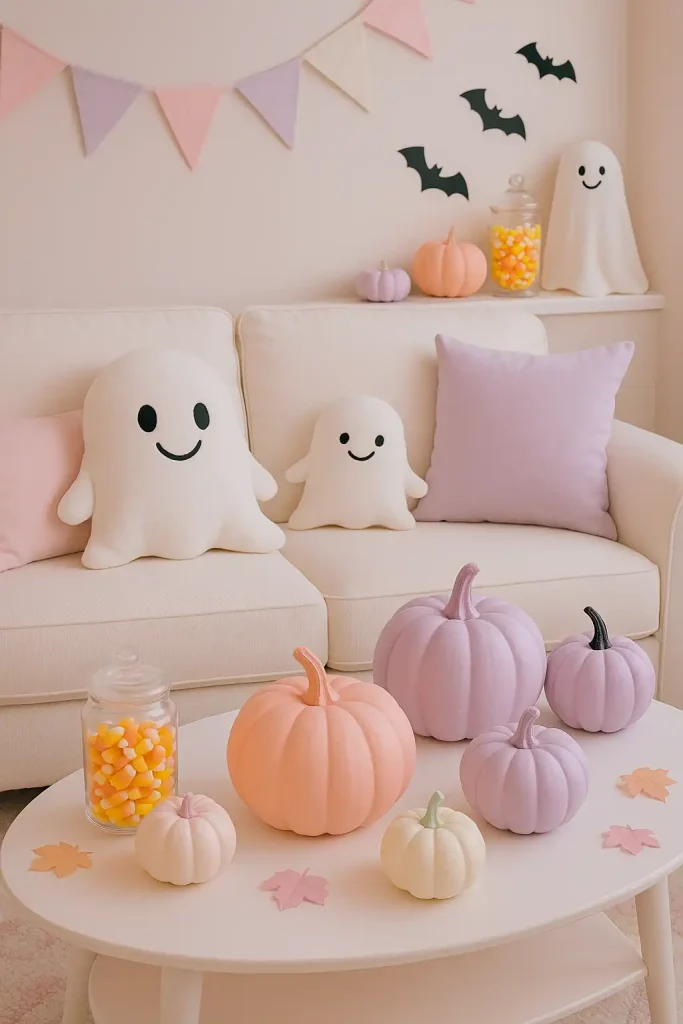Cute and pastel Halloween decor, soft pink and lavender pumpkins, smiling ghost pillows on a white couch, pastel bunting, candy corn in clear jars, dreamy and whimsical setting.