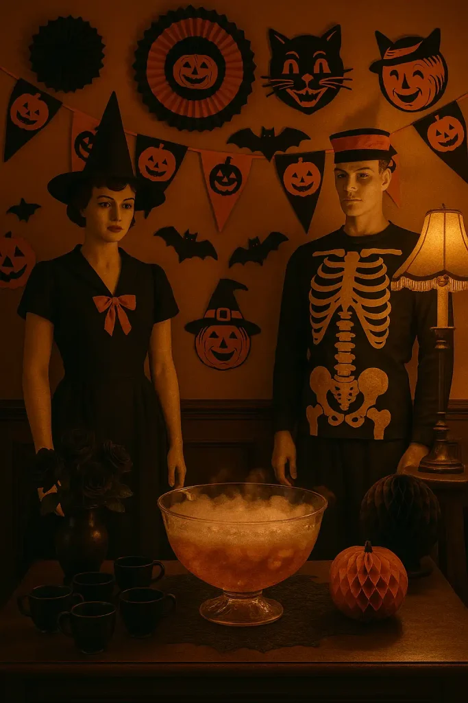 1940s-inspired Halloween party setup, black-and-orange color scheme, old-school paper decorations, vintage costumes on mannequins, glass punch bowl with fog, retro style lighting.