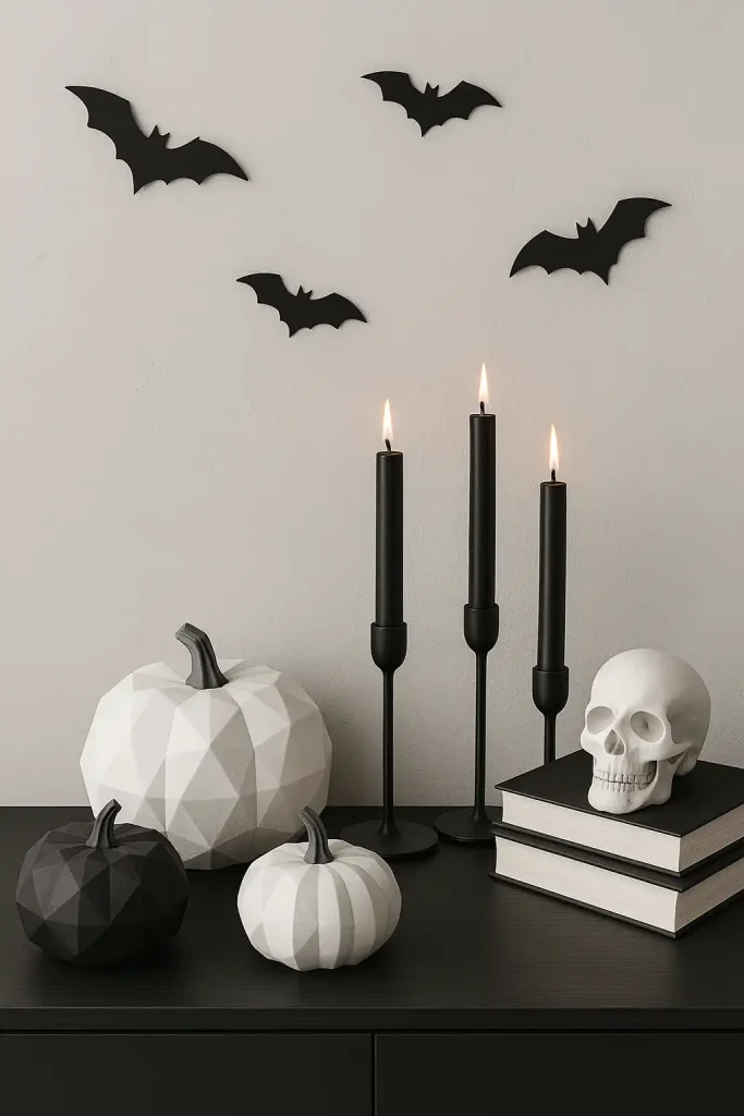 A modern minimalist Halloween decor style, monochrome palette of black, white, and gray, geometric pumpkins, sleek black candles, matte textures, clean lines with subtle eerie touches.