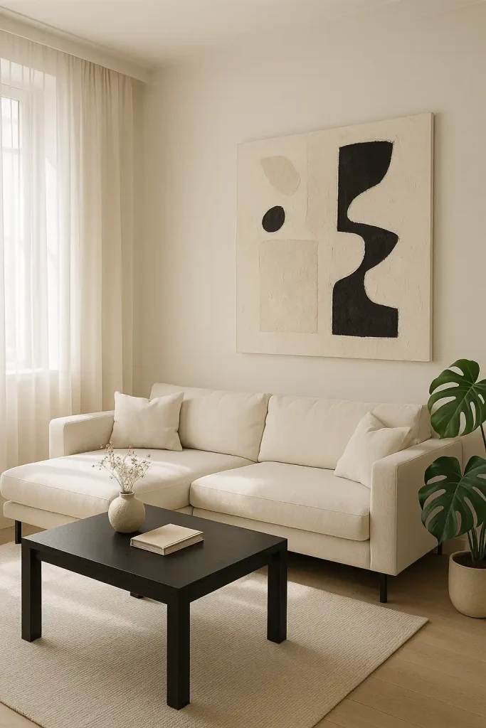 A bright, minimalist living room with a neutral color palette, featuring a white L-shaped sofa, a black coffee table with clean lines, a large abstract canvas art on the wall, and a touch of greenery from a monstera plant in the corner. Natural sunlight streaming in through sheer curtains.