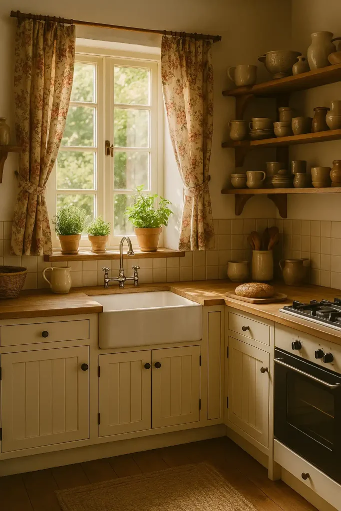 Cozy cottage kitchen with vintage floral curtains, open shelving with mismatched ceramics, wooden countertops, potted herbs on the windowsill, a rustic farmhouse sink, and soft morning sunlight streaming in.