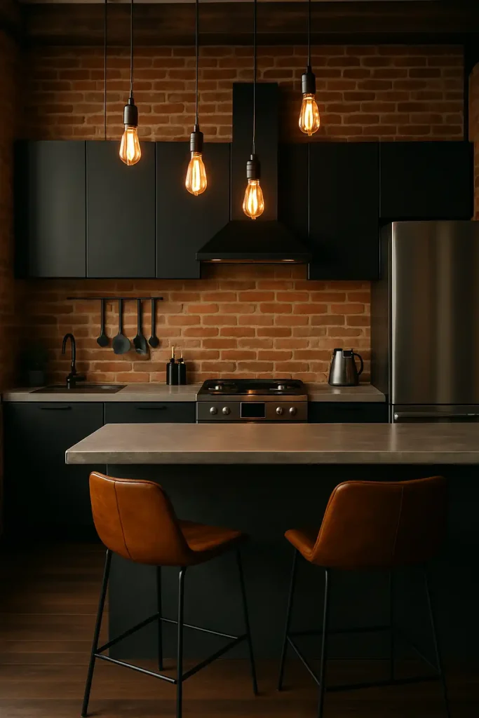 Industrial modern kitchen with exposed brick wall, matte black cabinets, stainless steel appliances, hanging Edison bulbs, concrete countertops, and bar stools with leather seats.