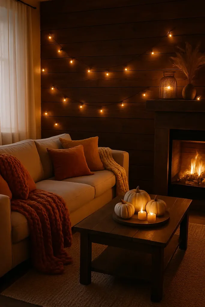 Cozy autumn living room with burnt orange and mustard yellow throw pillows, chunky knit blankets, white pumpkins on the coffee table, warm string lights, a flickering fireplace, and rustic wooden accents.