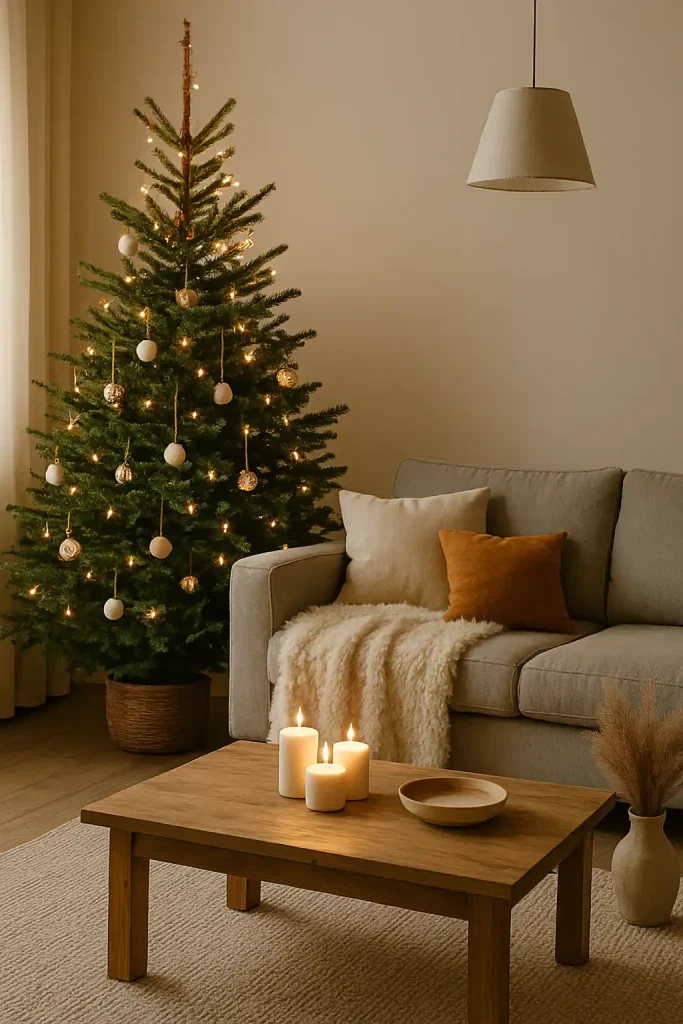 Minimal Christmas living room with a natural pine tree decorated in white and wood ornaments, warm fairy lights, fur throw over a gray couch, wooden coffee table with candles, and soft neutral decor with hygge vibes.