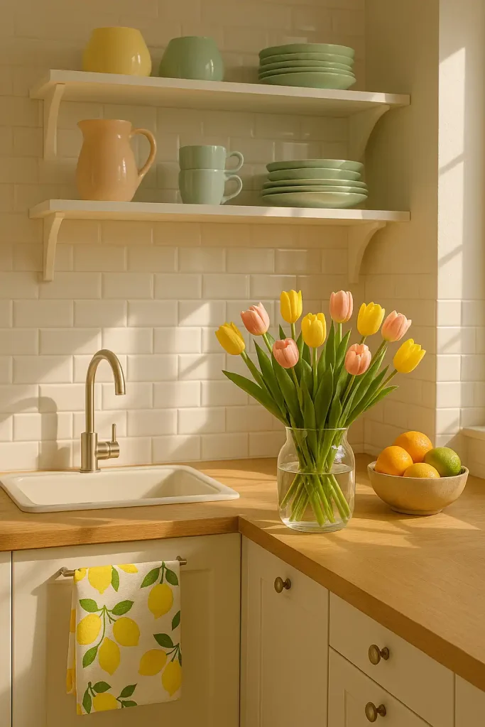 Bright spring kitchen with a bouquet of fresh tulips in a glass vase, lemon-themed tea towels, pastel-colored dishware on open shelves, a fruit bowl with citrus, and soft sunlight illuminating white subway tiles.